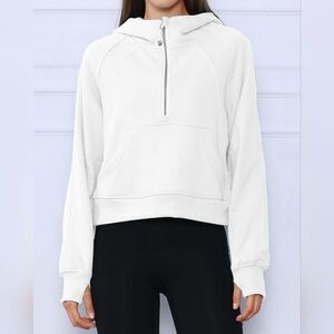 Half-Zip Kangaroo Pocket Hoodie - Cozy Athletic Pullover Sweatshirt White